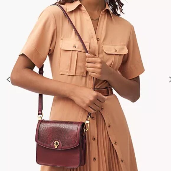 FOSSIL Ainsley Burgundy Croc Print Combo Leather Small Crossbody Bag Purse - Picture 6 of 7